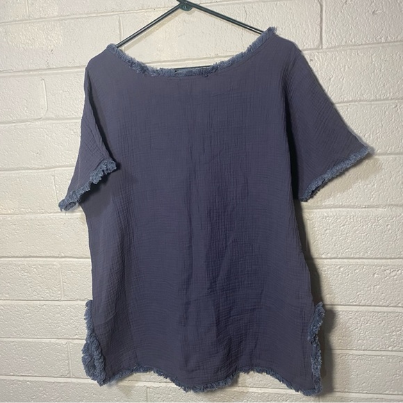 Fringe Edge Lightweight Summer Shirt Blouse Navy Frayed Hem Waffle Breathable 2X - Picture 3 of 7